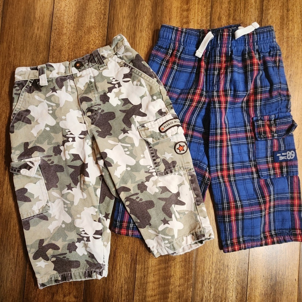 Vintage Boys Cargo Shorts Set Camo Plaid Elastic Waist Drawstring y2k hunter